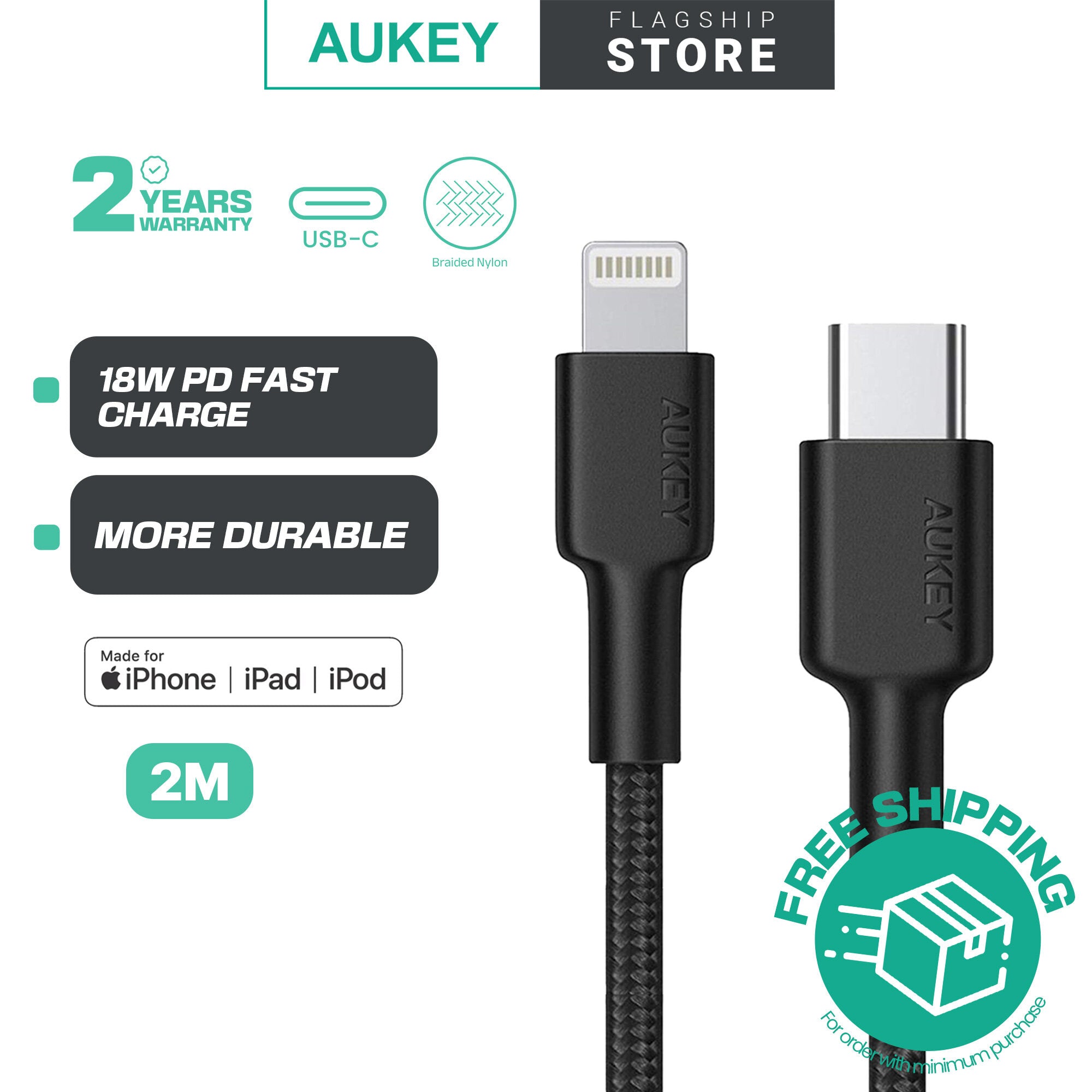 Aukey CB-CL2 MFI Jalinan Nilon USB C Ke Kabel Kilat - 2 Meter