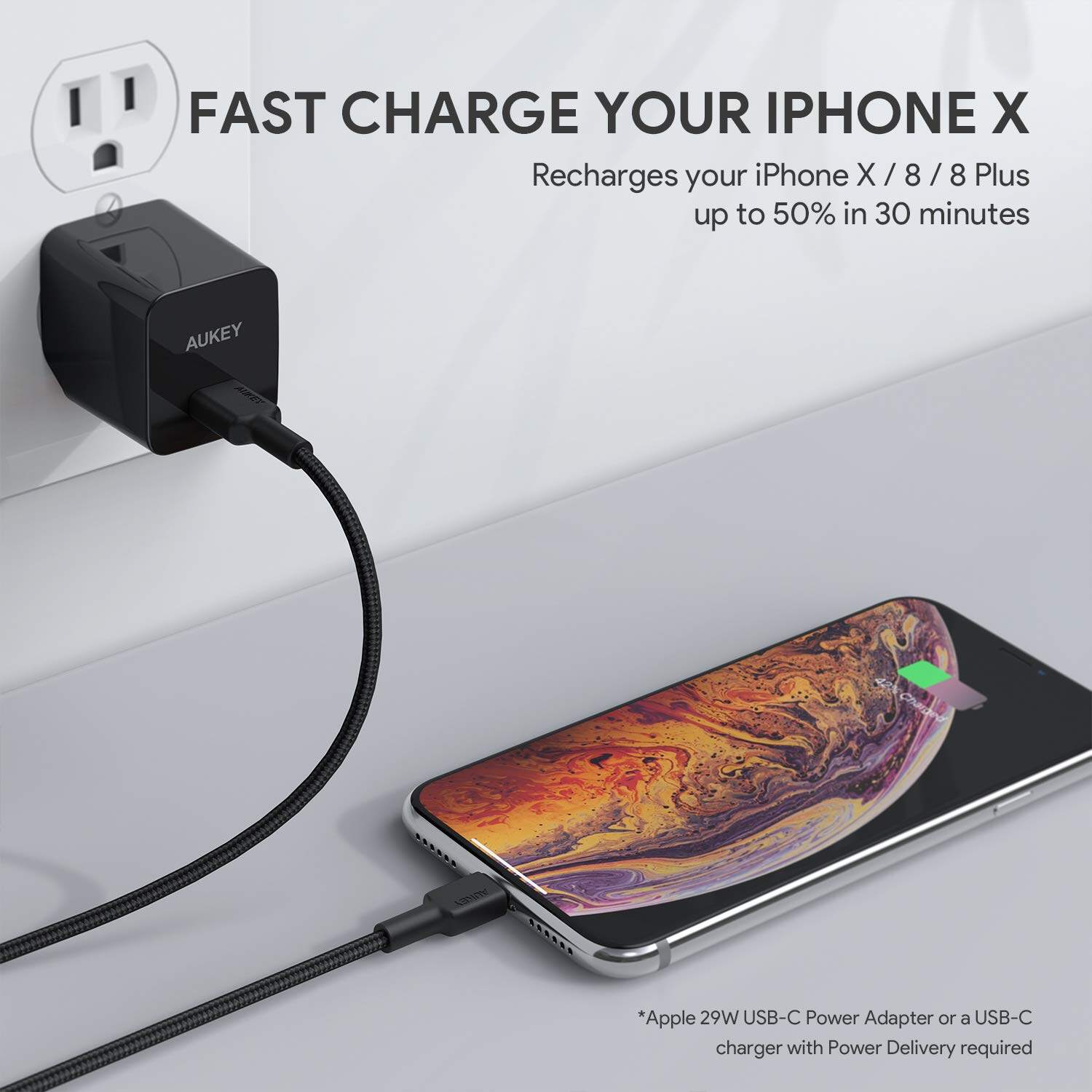 Aukey CB-CL1 MFI Jalinan Nilon USB C Ke Kabel Lightning PD Pengecasan Pantas Untuk Untuk iPhone 12 / 12 Pro / 12 Mini / 11 / X / X Pro / 8