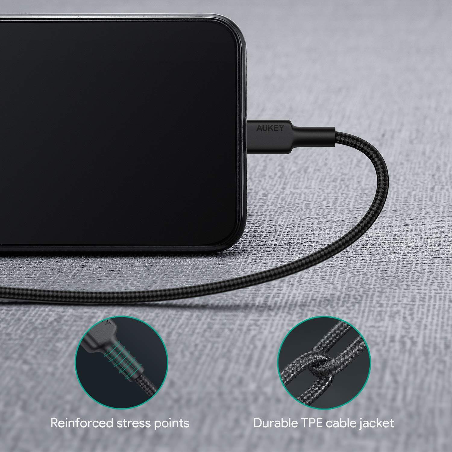 Aukey CB-CL1 MFI Jalinan Nilon USB C Ke Kabel Lightning PD Pengecasan Pantas Untuk Untuk iPhone 12 / 12 Pro / 12 Mini / 11 / X / X Pro / 8