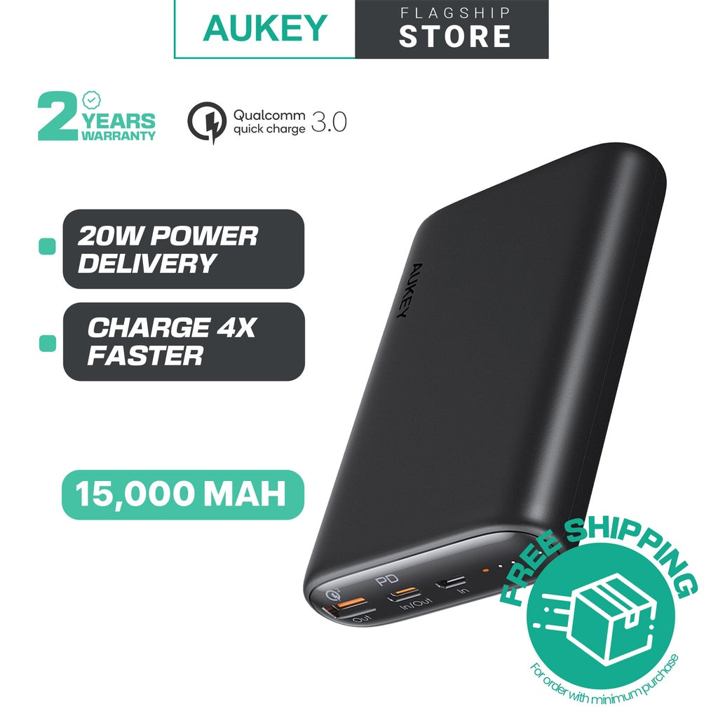 AUKEY PB-Y39 15000mAh 20W PD Power Bank Dengan Penghantaran Kuasa dan Caj Pantas 3.0