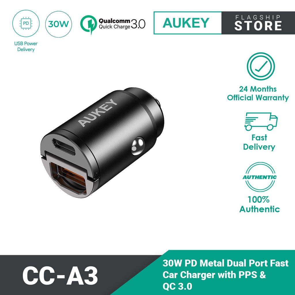 Aukey CC-A3 30W PD Metal Dual Port Fast Car Chargerwith PPS&QC 3.0