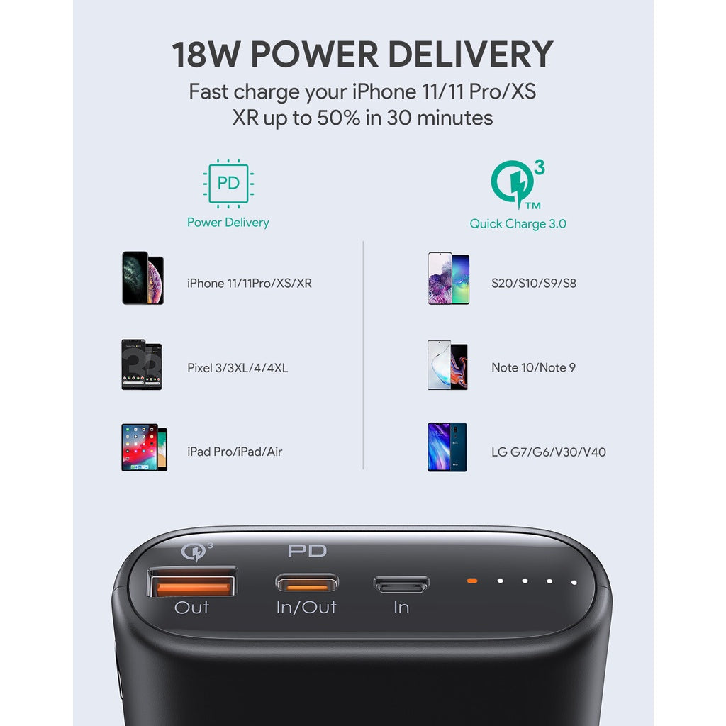 AUKEY PB-Y39 15000mAh 20W PD Power Bank Dengan Penghantaran Kuasa dan Caj Pantas 3.0