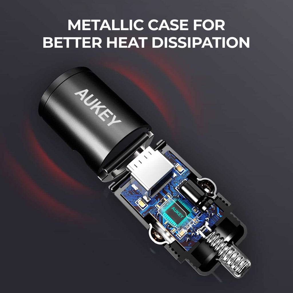 Aukey CC-A3 30W PD Metal Dual Port Fast Car Chargerwith PPS&QC 3.0