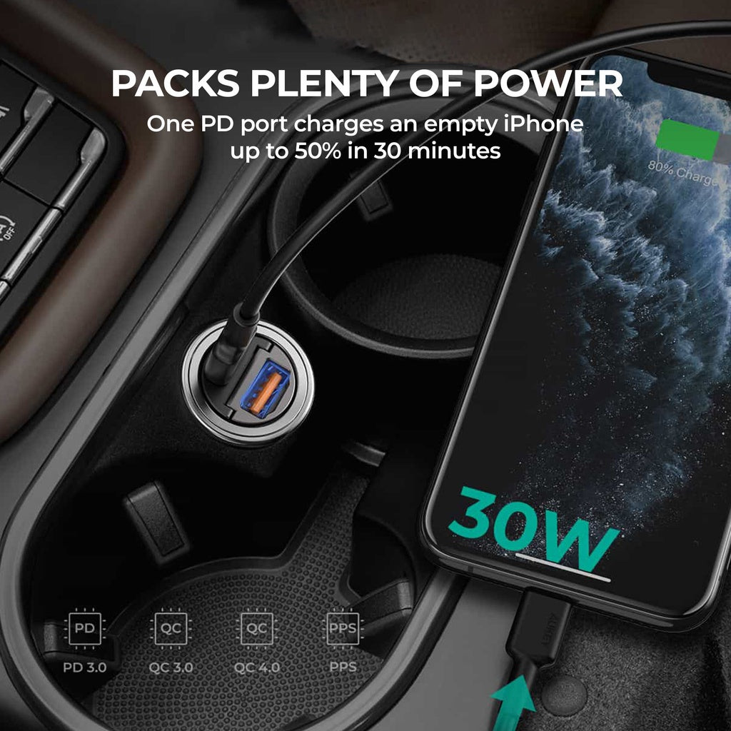 Aukey CC-A3 30W PD Metal Dual Port Fast Car Chargerwith PPS&QC 3.0