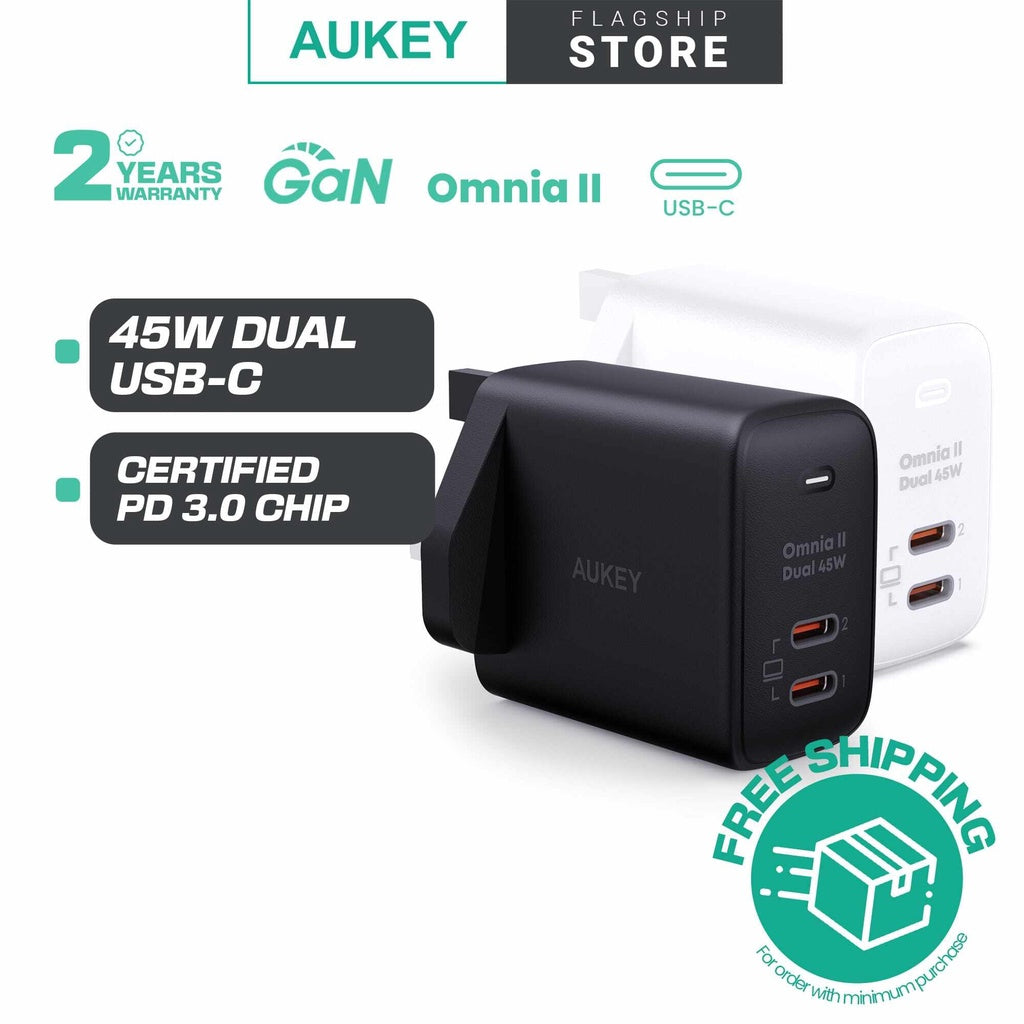 Aukey PA-B4T Omnia ll 45W 2 Port USB C Pengecas PD Pengecas Teknologi Pantas GaN