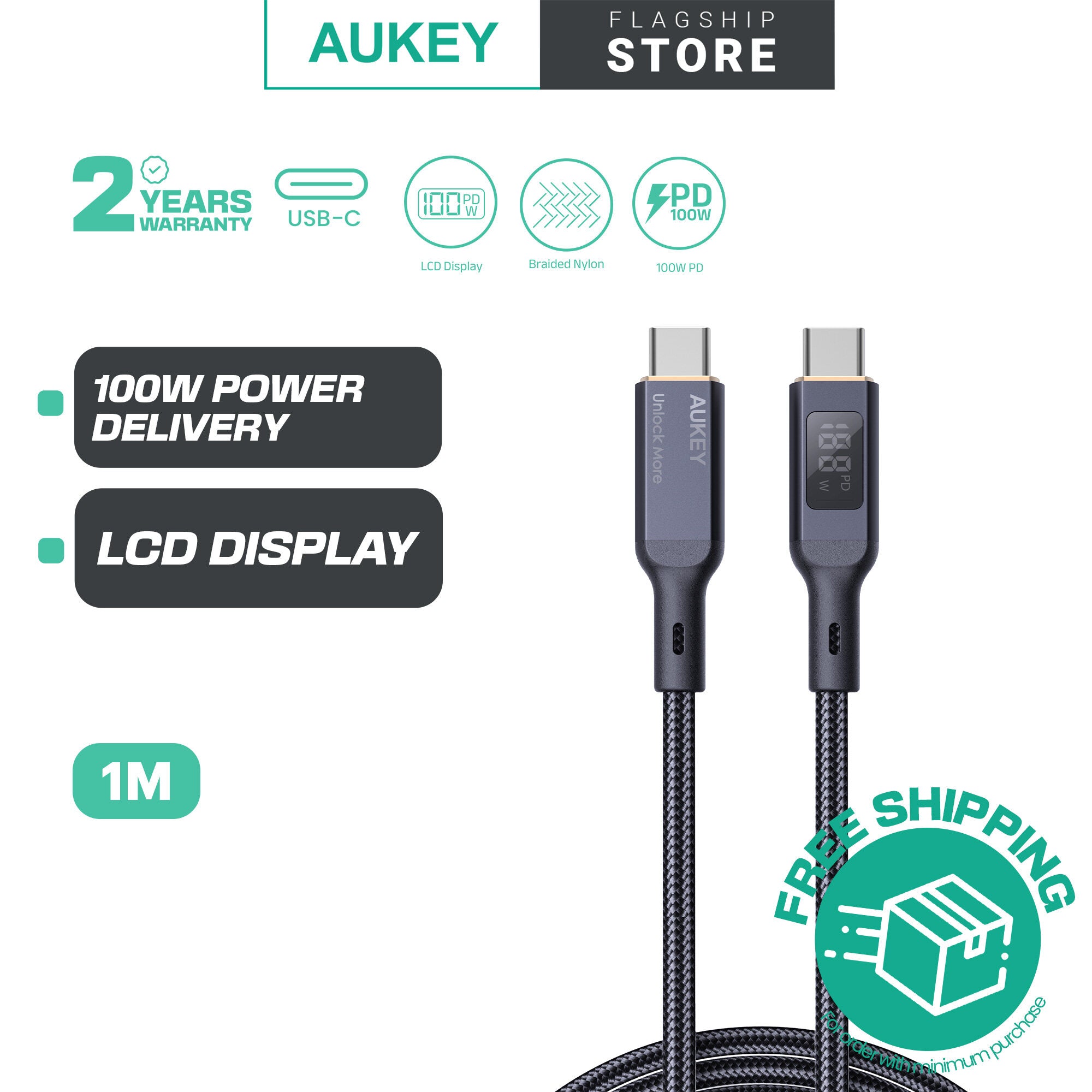 Aukey Circlet Blink 100W Nilon Jalinan USB C ke C Kabel Penghantaran Kuasa Jenis C dengan Paparan LCD CB-MCC101