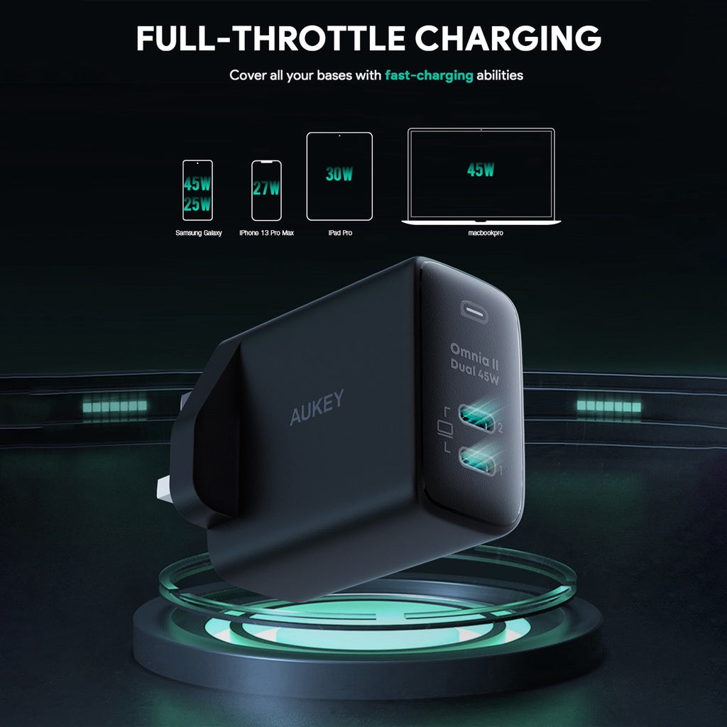 Aukey PA-B4T Omnia ll 45W 2 Port USB C Pengecas PD Pengecas Teknologi Pantas GaN