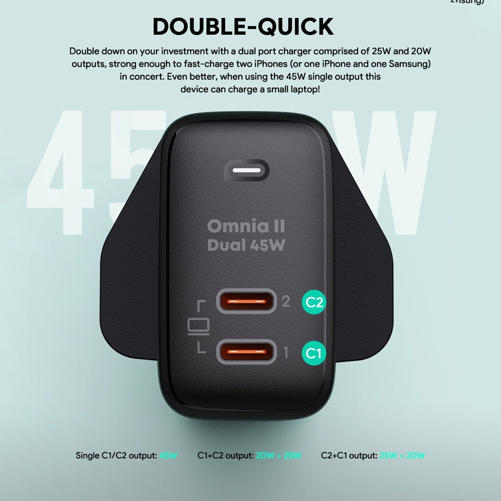 Aukey PA-B4T Omnia ll 45W 2 Port USB C Pengecas PD Pengecas Teknologi Pantas GaN