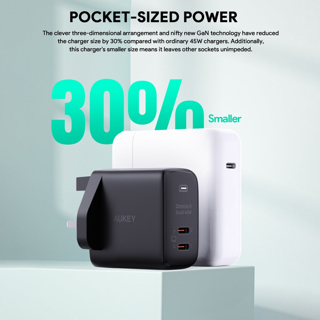 Aukey PA-B4T Omnia ll 45W 2 Port USB C Pengecas PD Pengecas Teknologi Pantas GaN