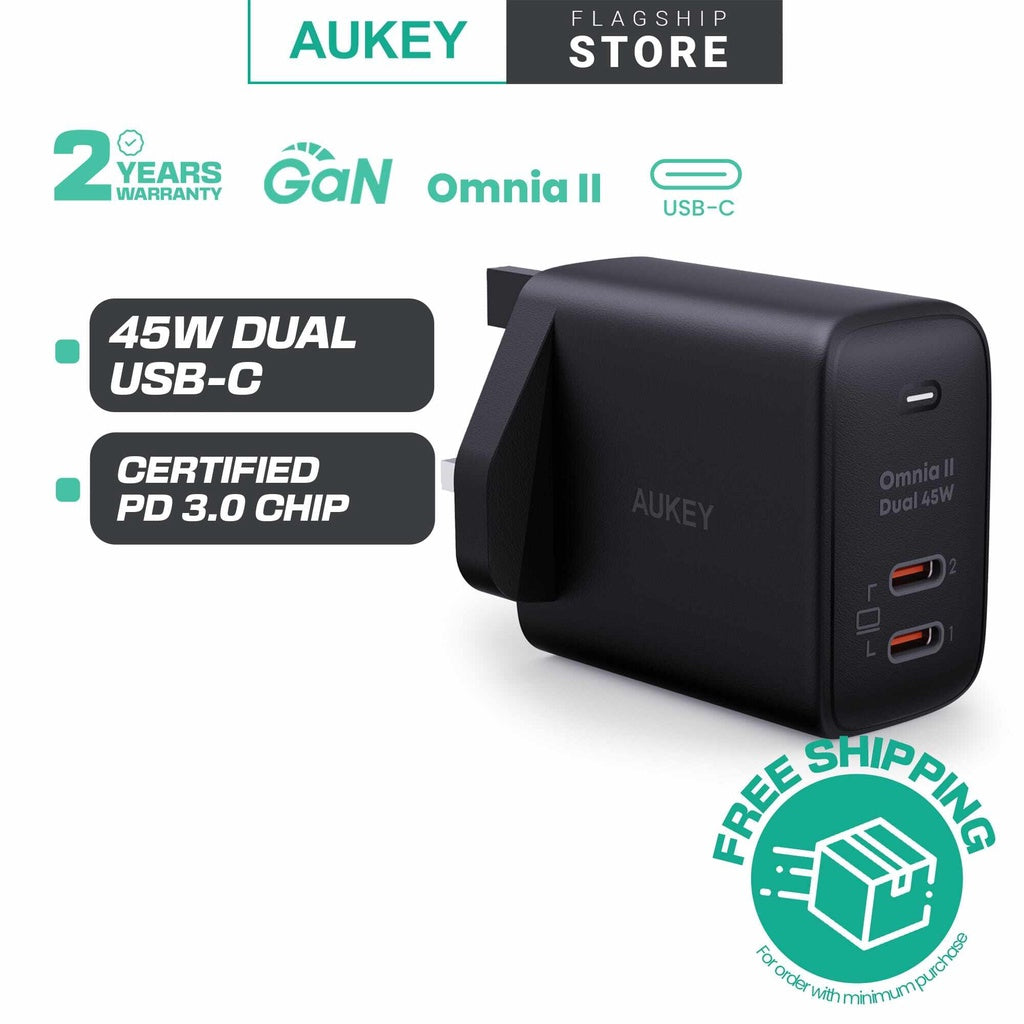 Aukey PA-B4T Omnia ll 45W 2 Port USB C Pengecas PD Pengecas Teknologi Pantas GaN