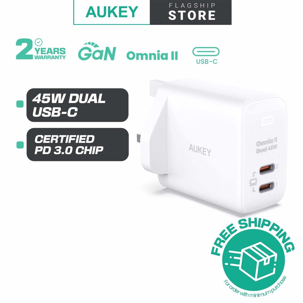Aukey PA-B4T Omnia ll 45W 2 Port USB C Pengecas PD Pengecas Teknologi Pantas GaN