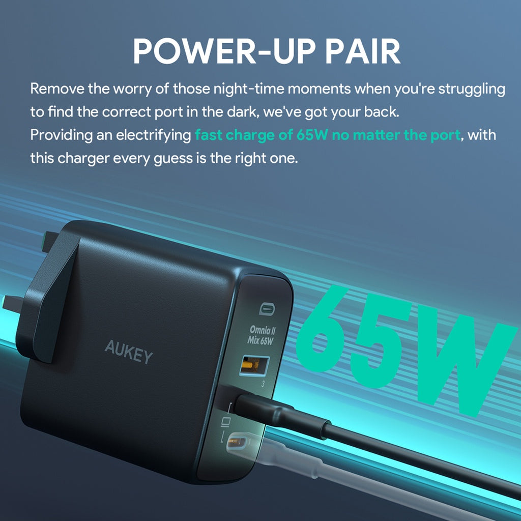 AUKEY PA-B6T Omnia II Series Dual 65W With GaN Power Tech Wall Charger iP 14/13/12 Series