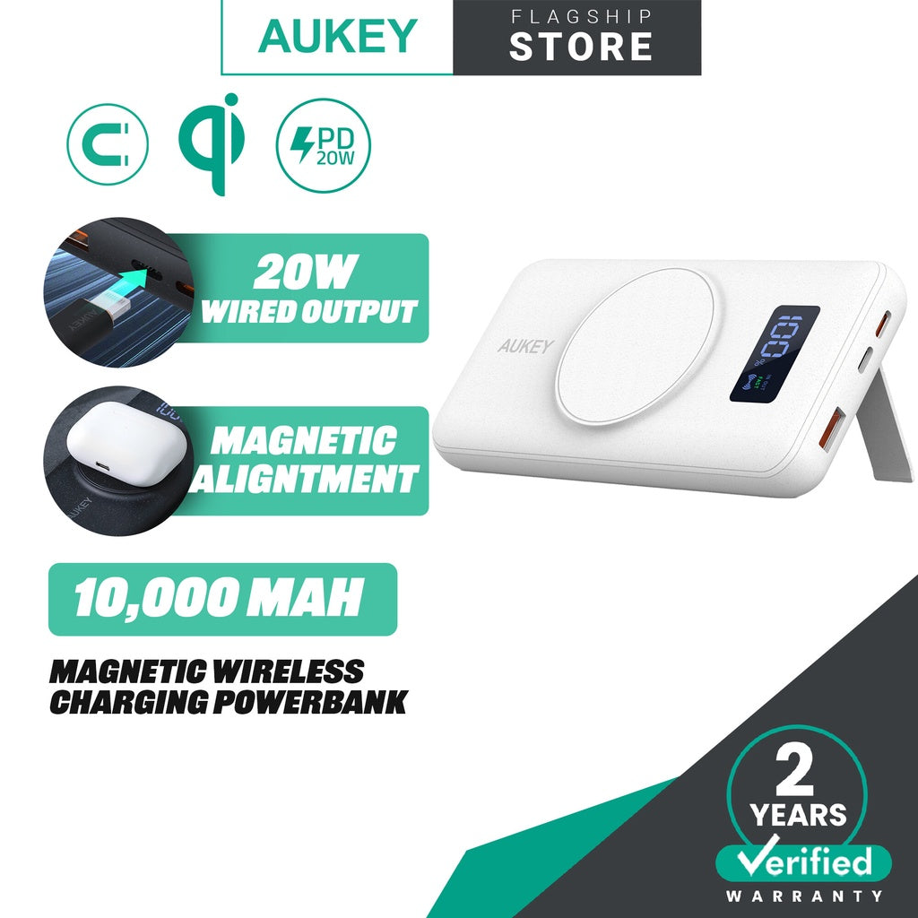 Aukey PB-WL02i MagAir 20W PD 10000mAh Bank Kuasa Pengecasan Wayarles Magnet