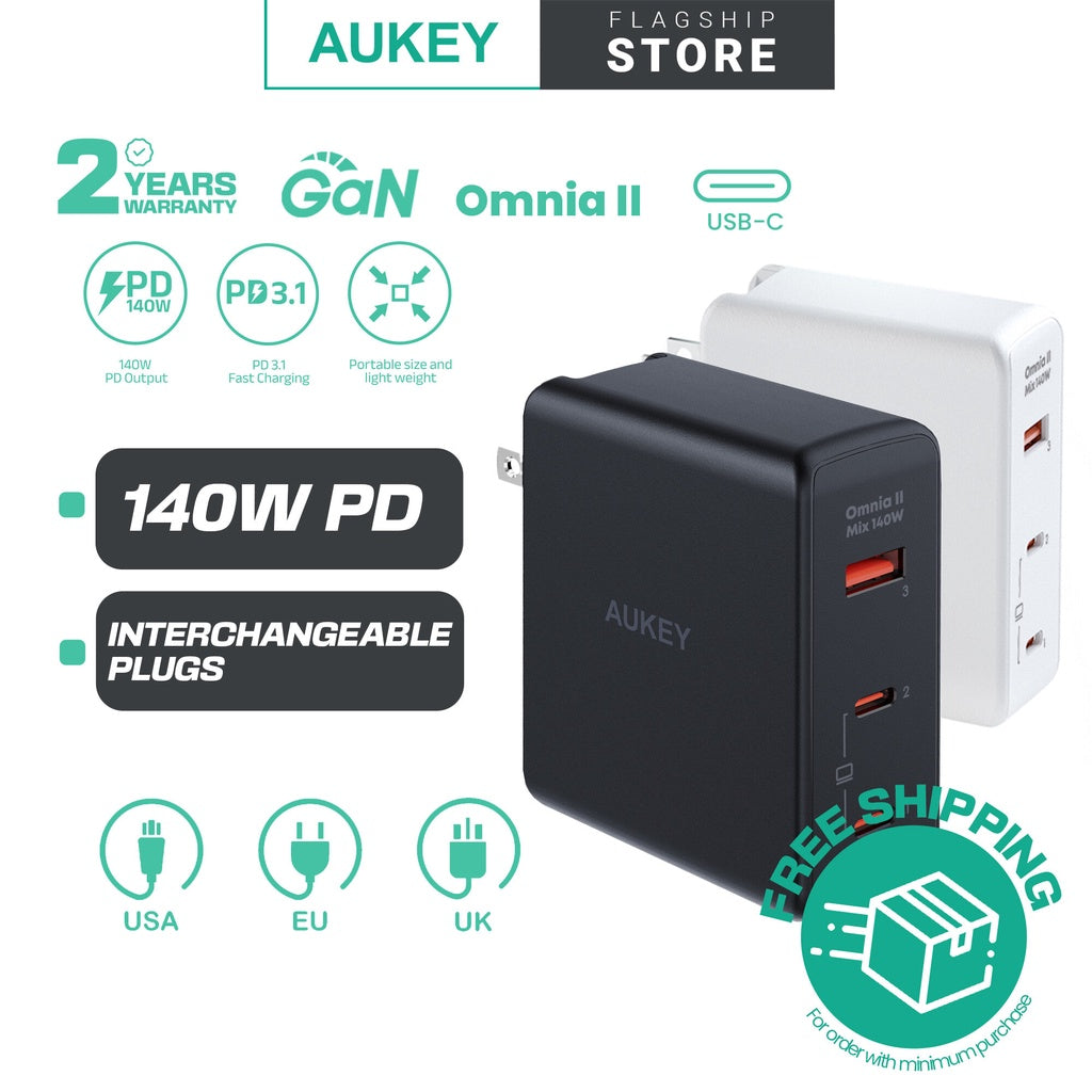 Aukey PA-B7O Omnia II Campuran 140W PD 3.1 3 Port Pengecas Perjalanan GaN dengan Palam EU AS UK Boleh Tukar
