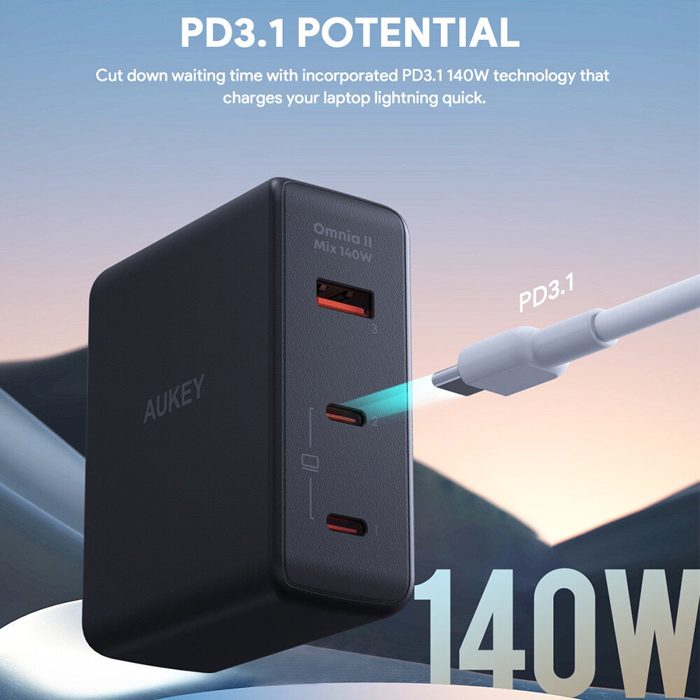 Aukey PA-B7O Omnia II Campuran 140W PD 3.1 3 Port Pengecas Perjalanan GaN dengan Palam EU AS UK Boleh Tukar