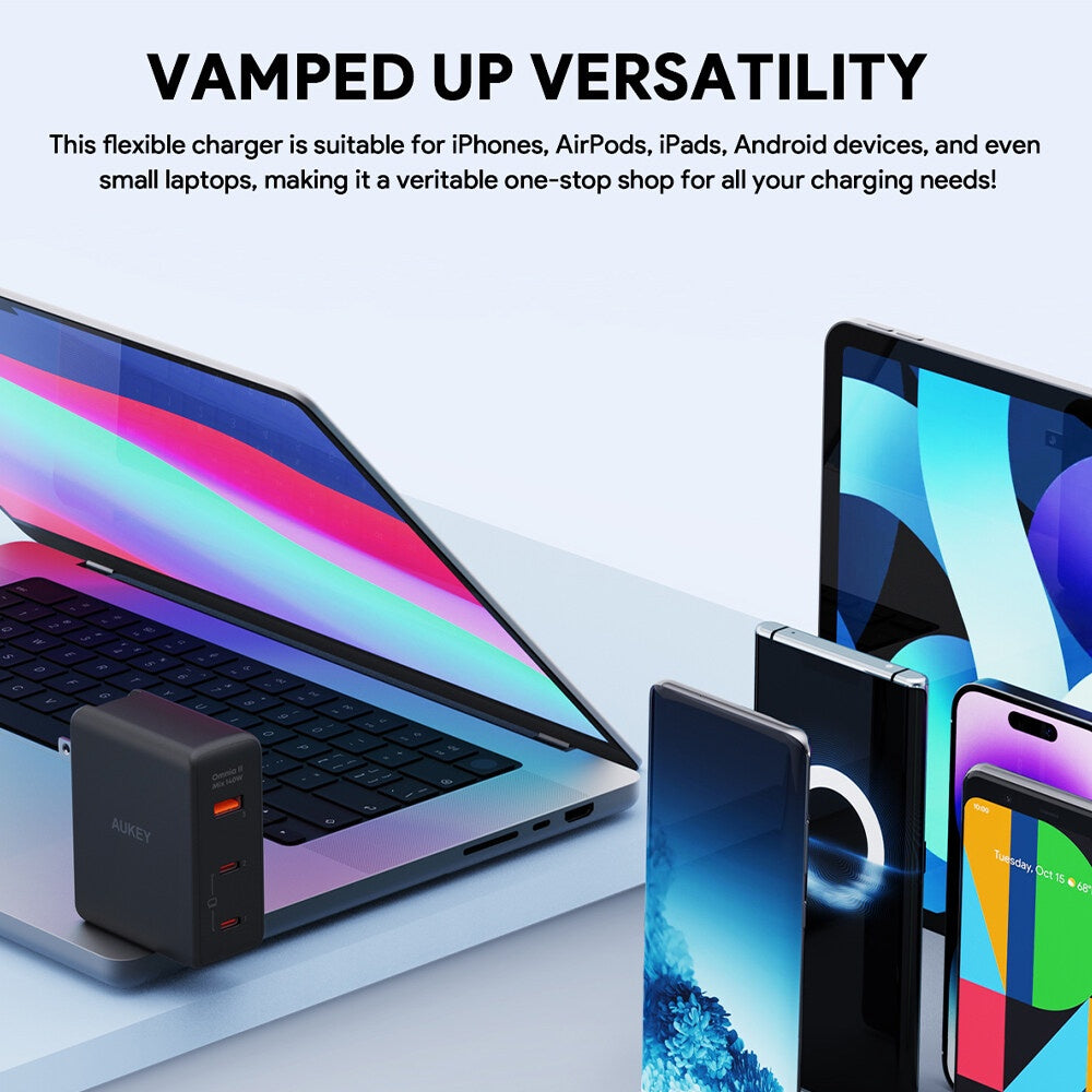 Aukey PA-B7O Omnia II Campuran 140W PD 3.1 3 Port Pengecas Perjalanan GaN dengan Palam EU AS UK Boleh Tukar