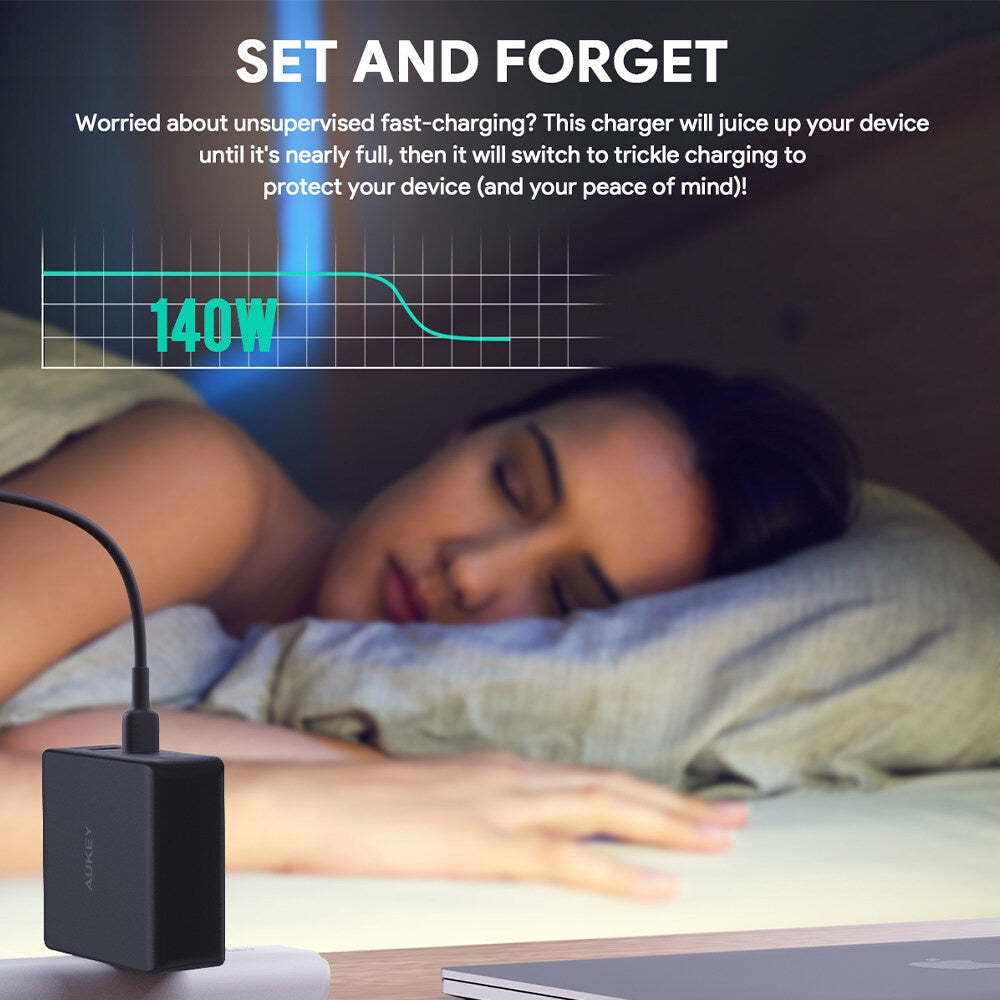 Aukey PA-B7O Omnia II Campuran 140W PD 3.1 3 Port Pengecas Perjalanan GaN dengan Palam EU AS UK Boleh Tukar