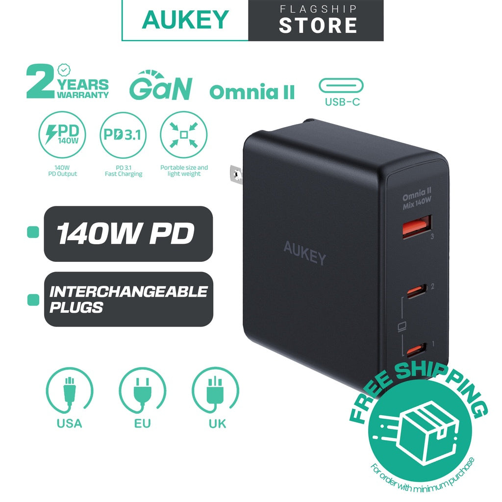 Aukey PA-B7O Omnia II Campuran 140W PD 3.1 3 Port Pengecas Perjalanan GaN dengan Palam EU AS UK Boleh Tukar