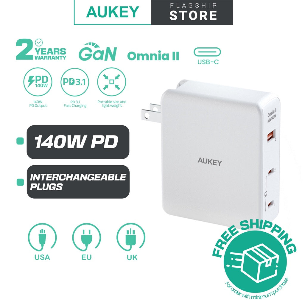 Aukey PA-B7O Omnia II Campuran 140W PD 3.1 3 Port Pengecas Perjalanan GaN dengan Palam EU AS UK Boleh Tukar