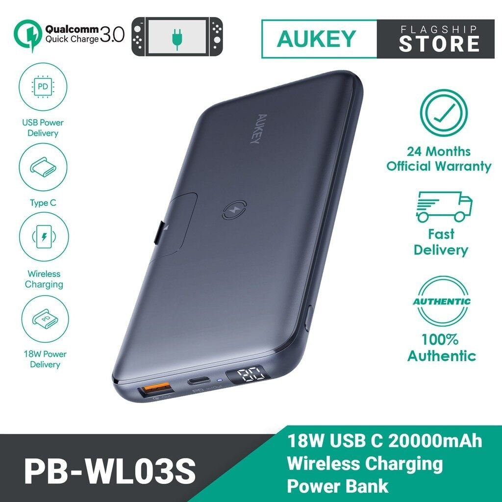 Aukey PB-WL03S 18W PD QC3.0 20000mAh Power Bank Dengan Stand Boleh Lipat & Pengecasan Wayarles
