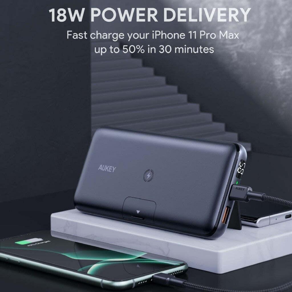 Aukey PB-WL03S 18W PD QC3.0 20000mAh Power Bank Dengan Stand Boleh Lipat & Pengecasan Wayarles
