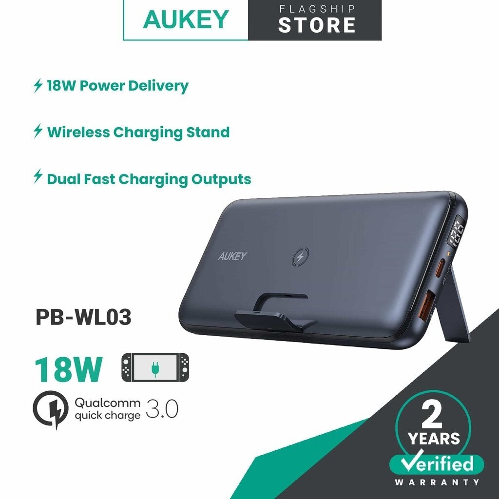 Aukey PB-WL03S 18W PD QC3.0 20000mAh Power Bank Dengan Stand Boleh Lipat & Pengecasan Wayarles