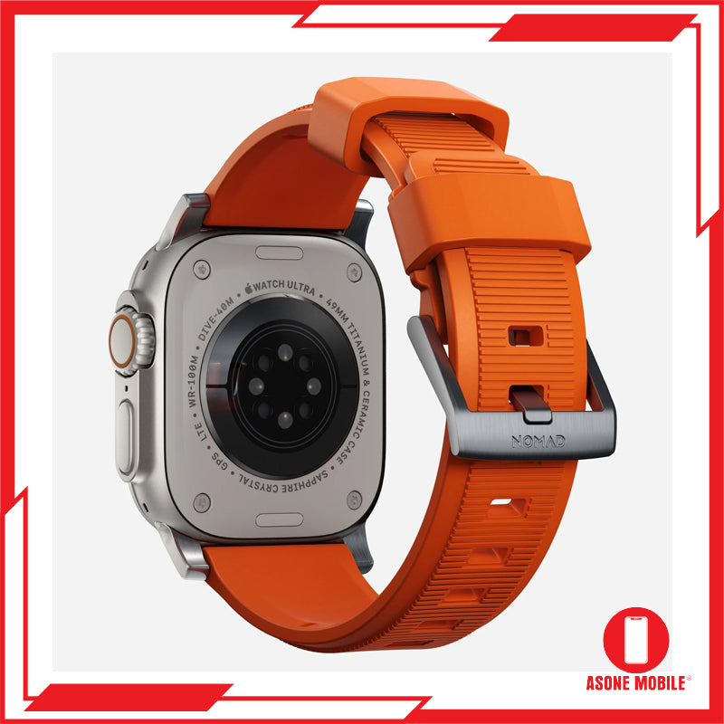 Nomad Rugged Band Apple Watch 49/45/44/42mm (Sereis 9/8/SE/7/6/5/4/3/2) Ultra Jingga | Perkakasan Hitam / Perak