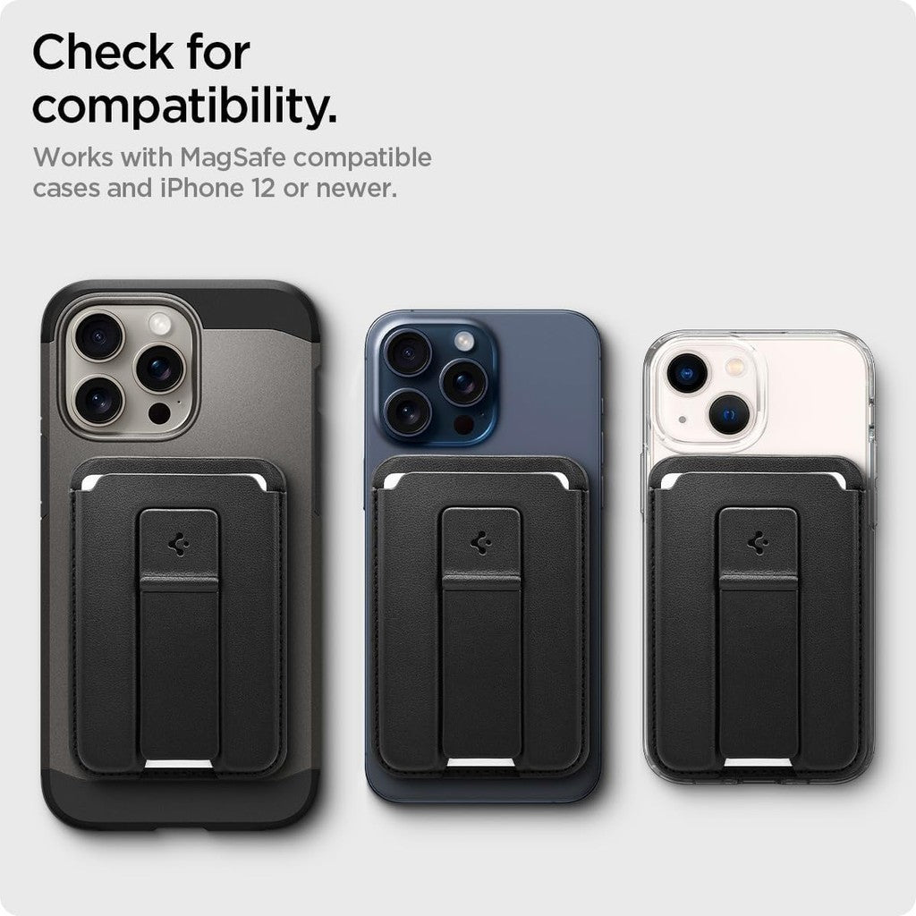 Spigen Smart Fold 2 (MagFit) Pemegang Kad Dompet Magnet dengan Kickstand Serasi dengan iPhone 15 14 13 12 Hitam