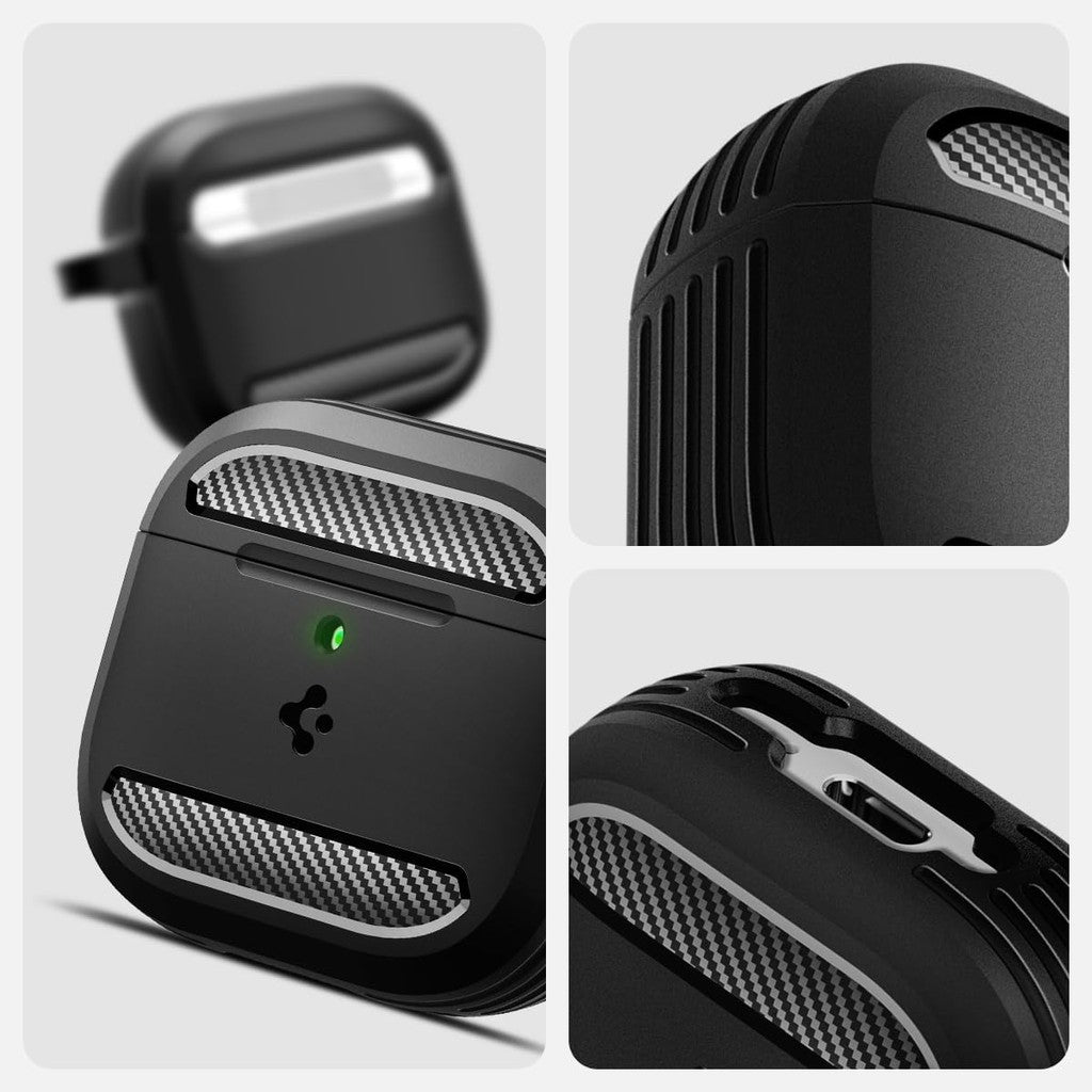 Sarung Spigen Rugged Armor AirPods 4 dan dengan Penutup Sarung Pelindung Pembatalan Bunyi Aktif dengan Rantai Kunci Carabiner