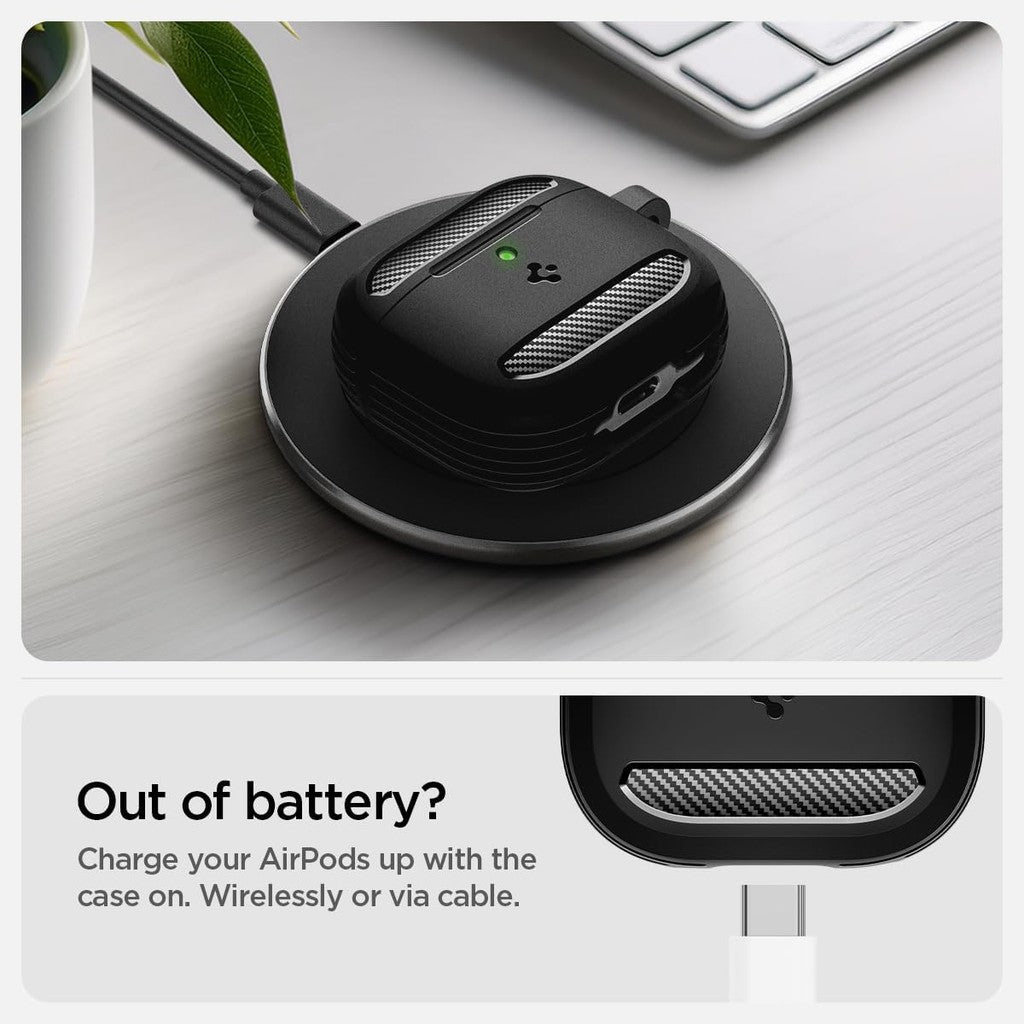 Sarung Spigen Rugged Armor AirPods 4 dan dengan Penutup Sarung Pelindung Pembatalan Bunyi Aktif dengan Rantai Kunci Carabiner