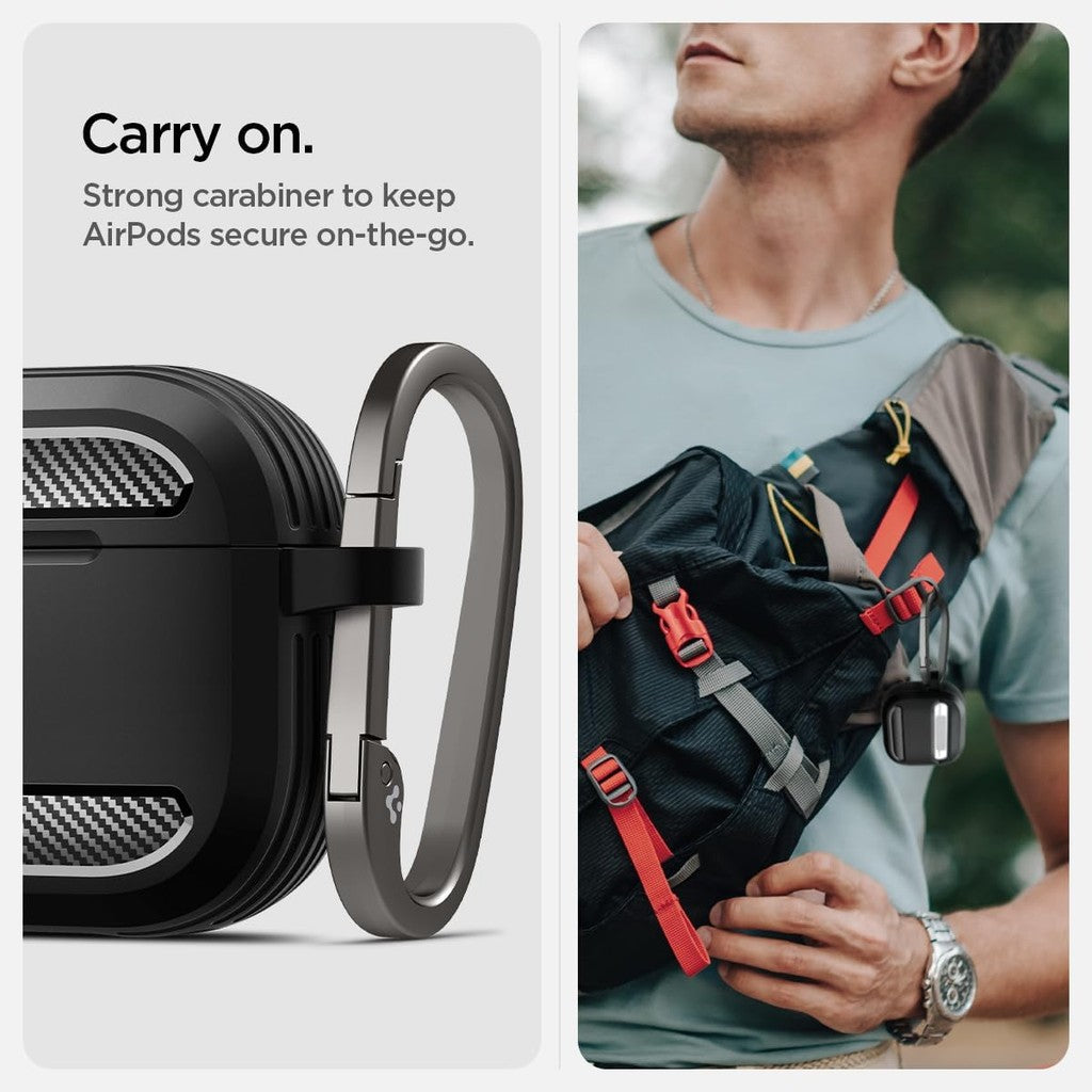 Sarung Spigen Rugged Armor AirPods 4 dan dengan Penutup Sarung Pelindung Pembatalan Bunyi Aktif dengan Rantai Kunci Carabiner