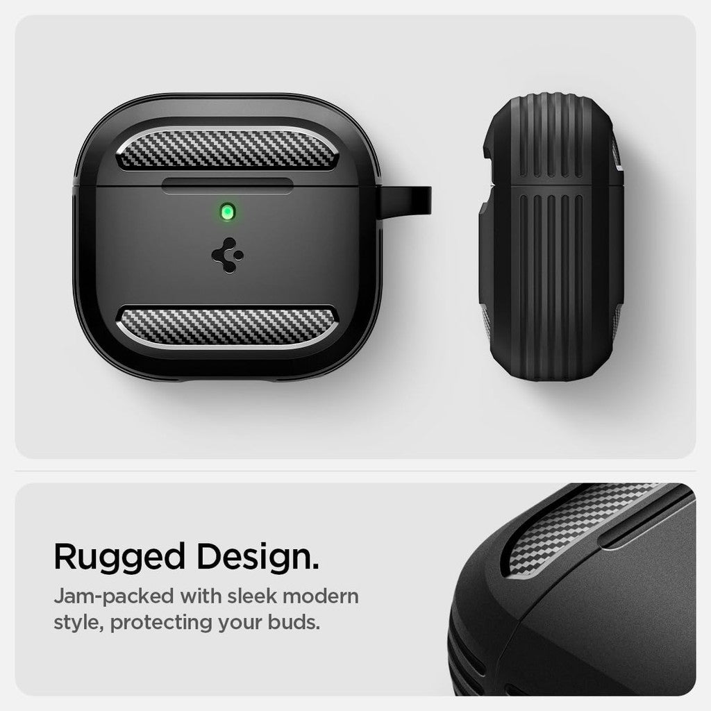 Sarung Spigen Rugged Armor AirPods 4 dan dengan Penutup Sarung Pelindung Pembatalan Bunyi Aktif dengan Rantai Kunci Carabiner