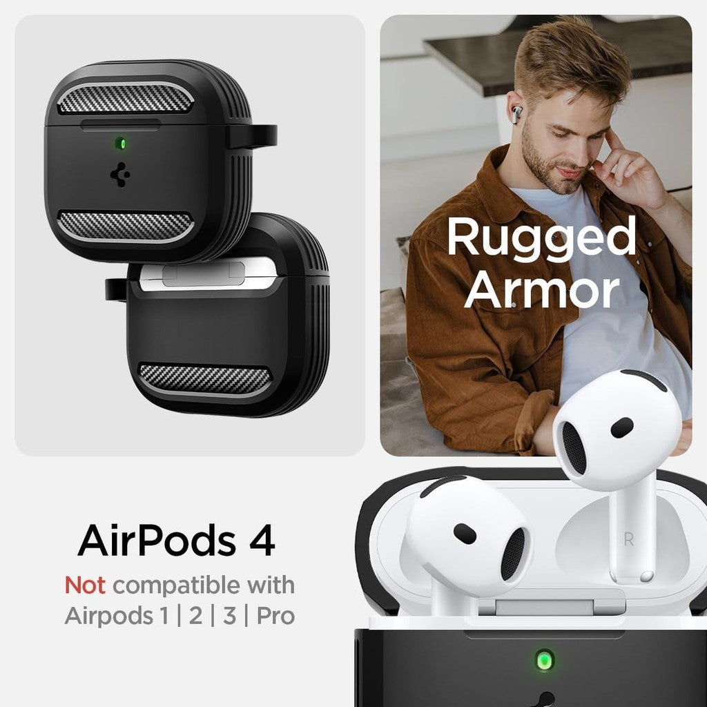 Sarung Spigen Rugged Armor AirPods 4 dan dengan Penutup Sarung Pelindung Pembatalan Bunyi Aktif dengan Rantai Kunci Carabiner