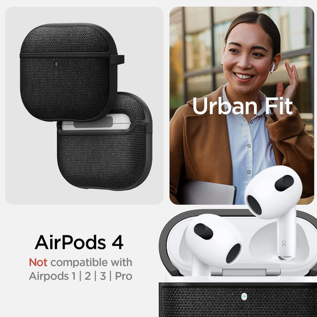 Spigen Urban Fit Direka untuk Sarung AirPods 4 dengan Sarung Pembatalan Bunyi Aktif Sarung Fabrik Premium dengan Rantai Kunci