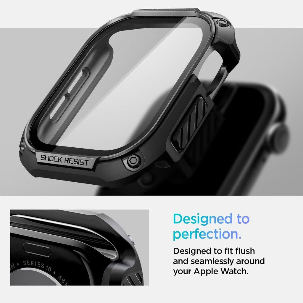 Sarung Perisai Tough Spigen dengan Pelindung Skrin Kaca Terbaja Sensitif Sentuhan Terbina dalam Siri Jam Tangan Apple 10 Sarung 46mm