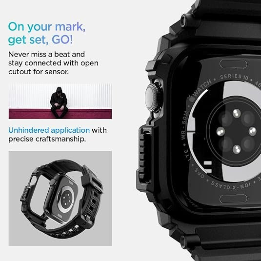 Spigen Rugged Armor Pro Direka untuk Apple Watch Siri 10 46mm / 42mm Sarung dengan Jalur Sarung TPU Pelindung Lasak Band