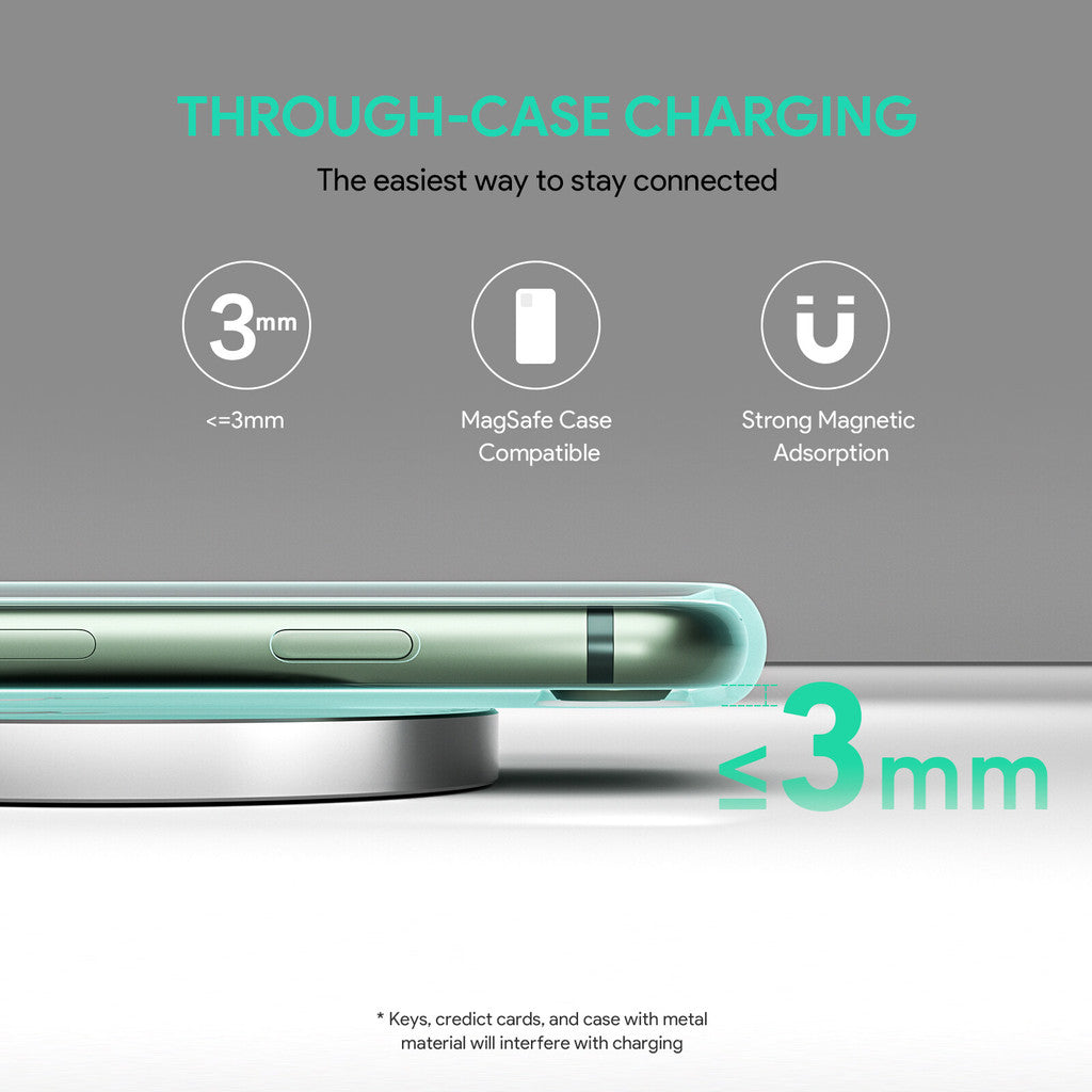 Aukey LC-A1S Snap On 15W Qi-Serasi Pengecasan Wayarles Pantas USB C Wire Mag-sfe Serasi