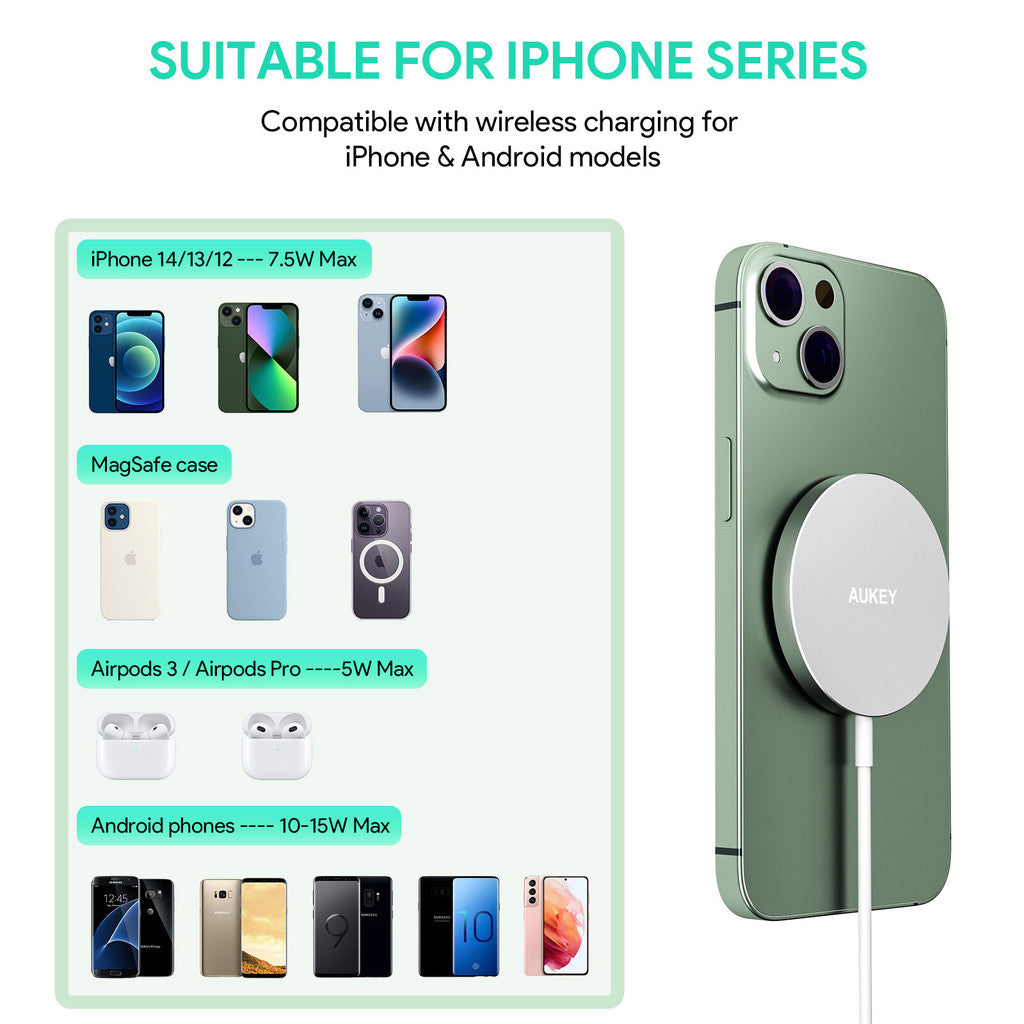 Aukey LC-A1S Snap On 15W Qi-Serasi Pengecasan Wayarles Pantas USB C Wire Mag-sfe Serasi