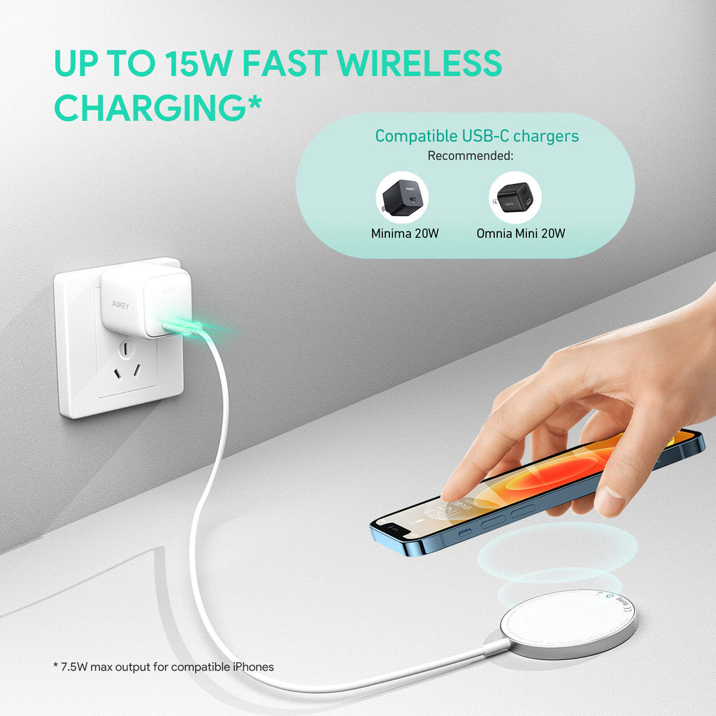 Aukey LC-A1S Snap On 15W Qi-Serasi Pengecasan Wayarles Pantas USB C Wire Mag-sfe Serasi