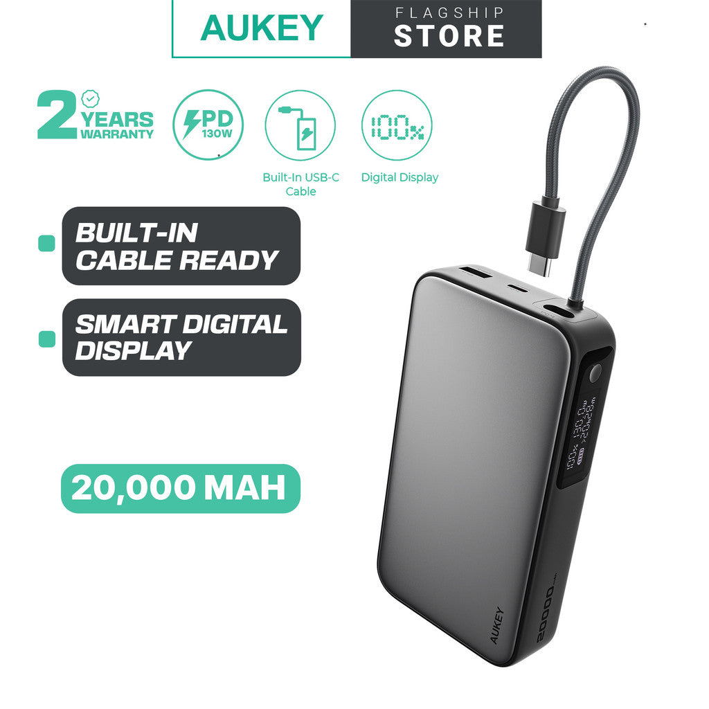 Aukey PB-Y48 130W Spark Sling 20000mAh Power Bank Dengan Kabel USB C Terbina dalam