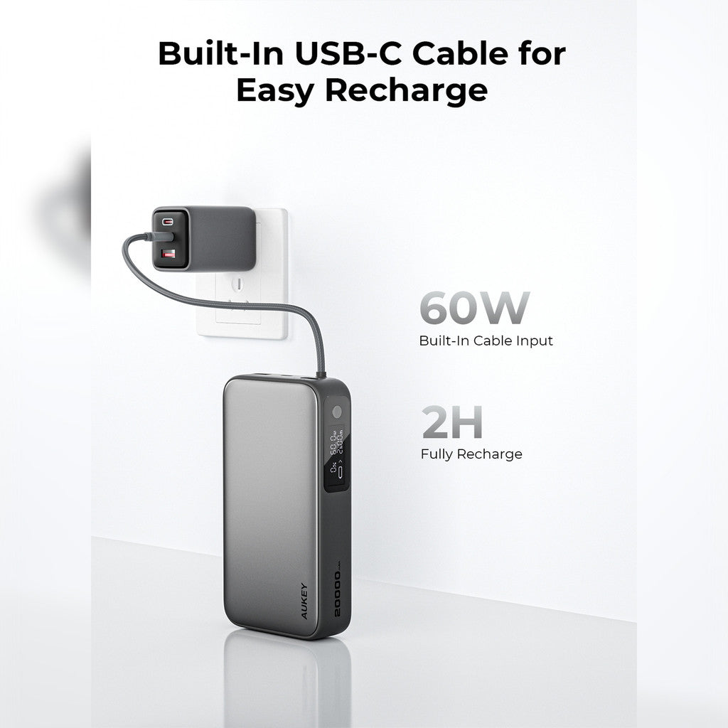 Aukey PB-Y48 130W Spark Sling 20000mAh Power Bank Dengan Kabel USB C Terbina dalam