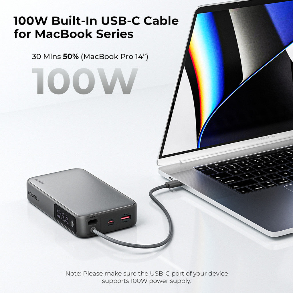 Aukey PB-Y48 130W Spark Sling 20000mAh Power Bank Dengan Kabel USB C Terbina dalam