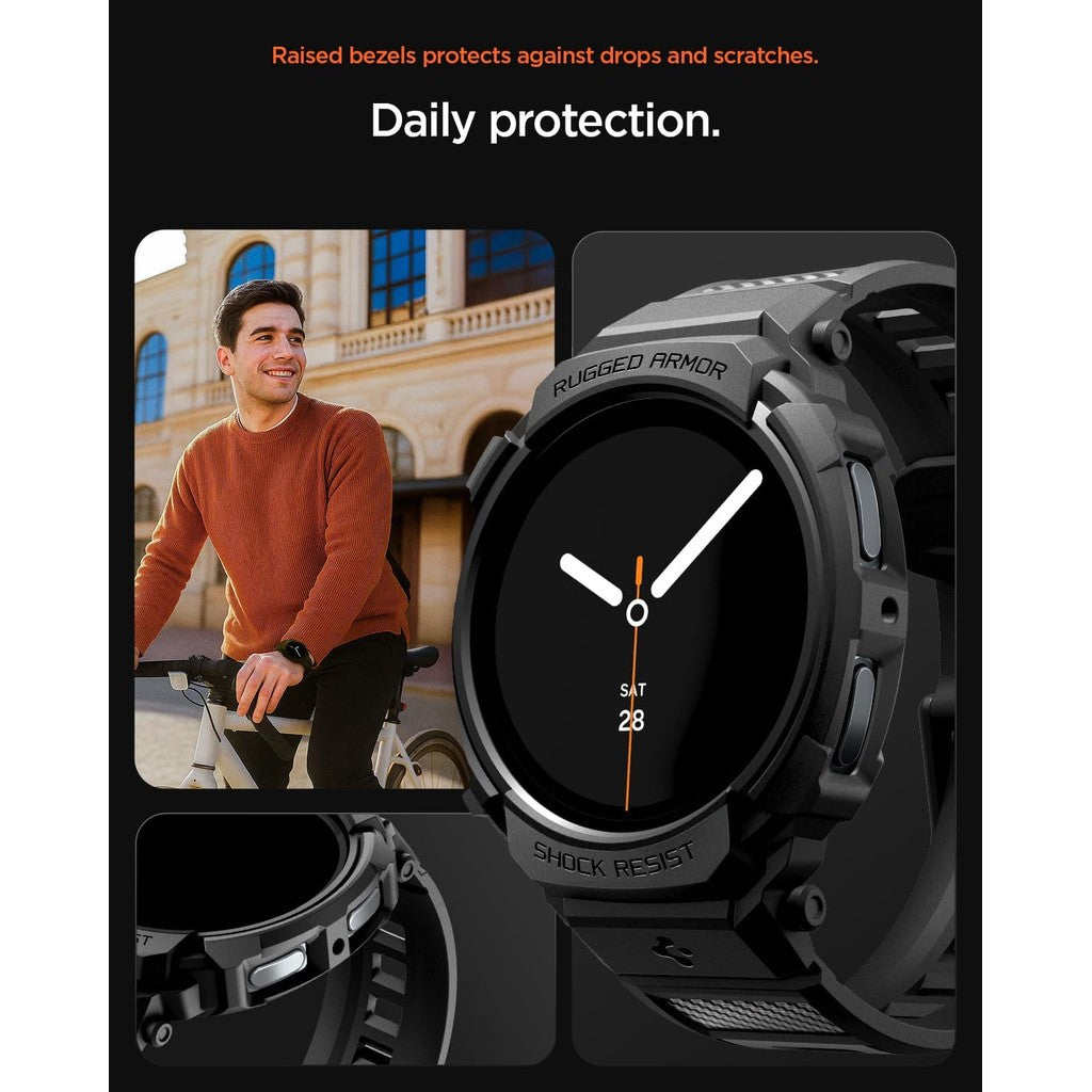 Spigen Rugged Armor Pro Designed for Samsung Galaxy Watch 8 44mm Case TPU Cover with Strap - Matte Black
