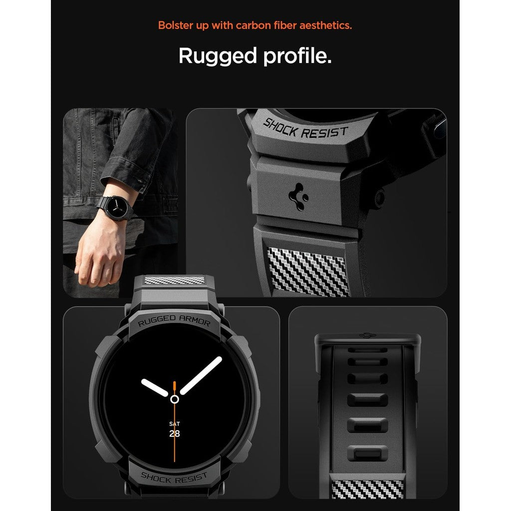 Spigen Rugged Armor Pro Designed for Samsung Galaxy Watch 8 44mm Case TPU Cover with Strap - Matte Black