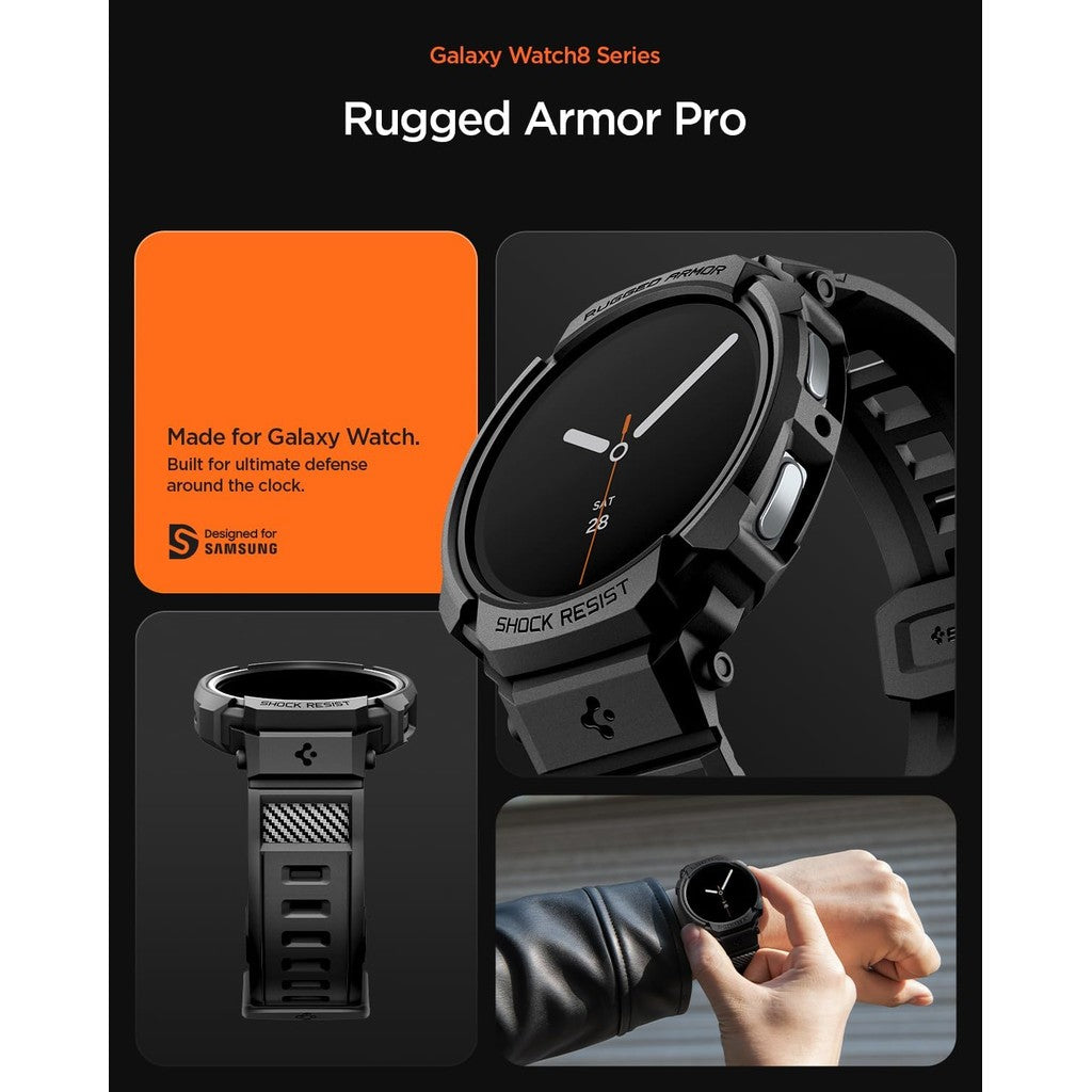 Spigen Rugged Armor Pro Designed for Samsung Galaxy Watch 8 44mm Case TPU Cover with Strap - Matte Black