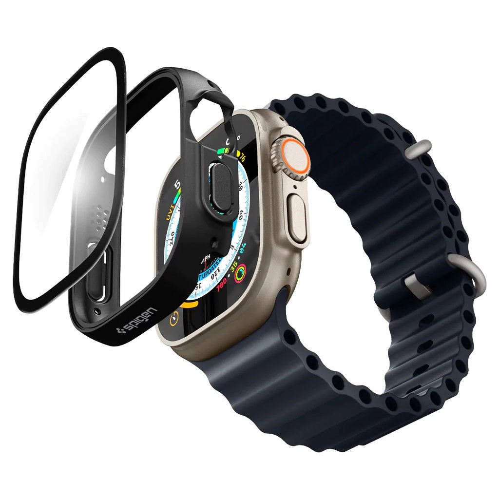 Spigen Thin Fit 360 dengan Pelindung Skrin Kaca Terbaja untuk Sarung Apple Watch Ultra 49mm - Hitam