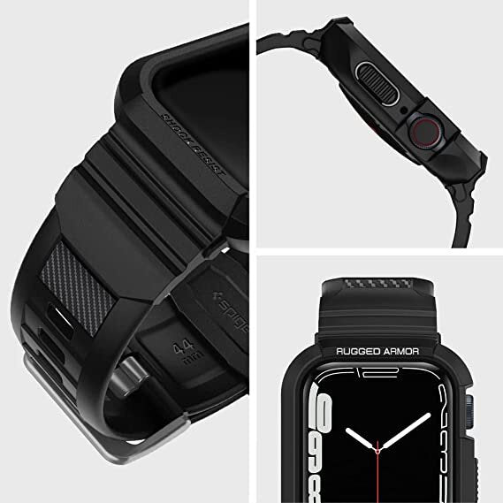 Spigen Rugged Armor Pro Black Case Band Serasi Dengan Apple Watch Siri 8 / SE / 7 / 6 / 5 / 4 (45mm/44mm) Sarung
