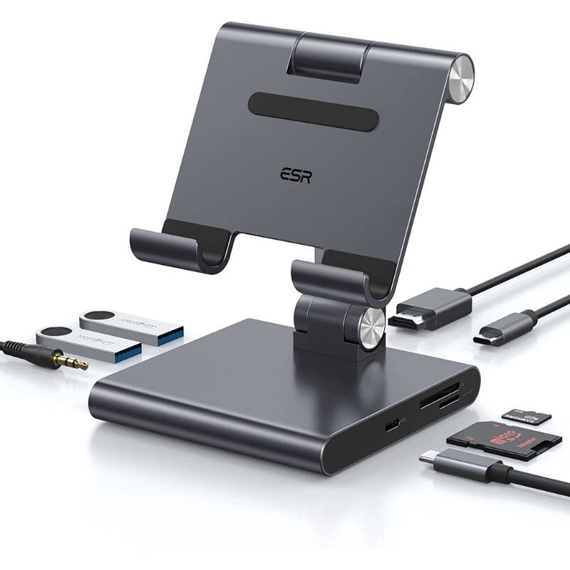 ESR 8-dalam-1 Portable Stand Hub, USB-C Hub, 4K@30Hz HDMI, 100W Power Delivery, 2 USB 3.0 Ports, 3.5 mm Jack, SD/microSD