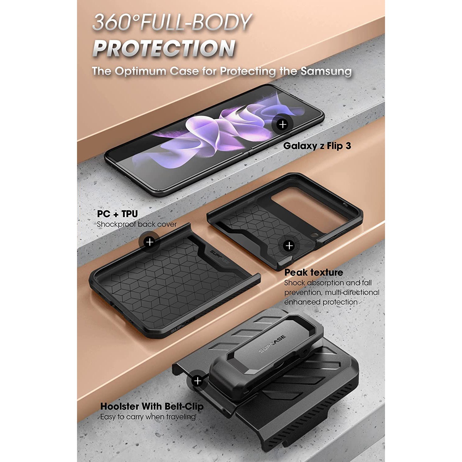 SUPCASE Galaxy Z Flip 3 Unicorn Beetle PRO Sarung Lasak dengan Klip Tali Pinggang-Hitam