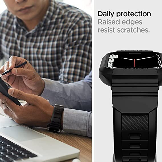 Spigen Rugged Armor Pro Black Case Band Serasi Dengan Apple Watch Siri 8 / SE / 7 / 6 / 5 / 4 (45mm/44mm) Sarung